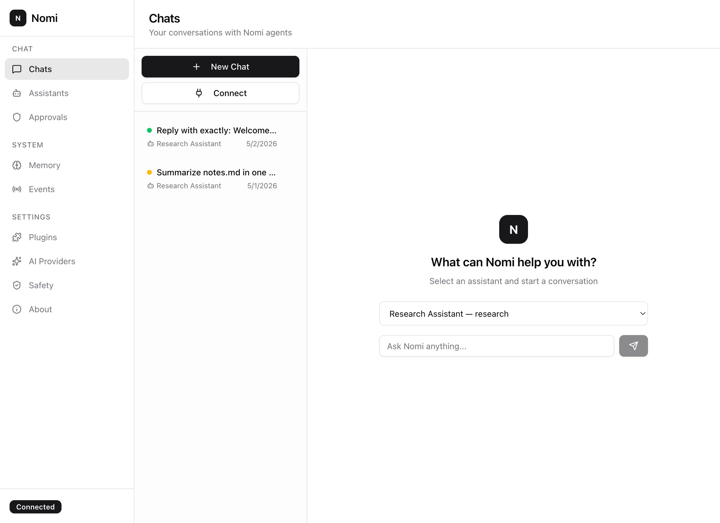 Chat tab with assistant conversations